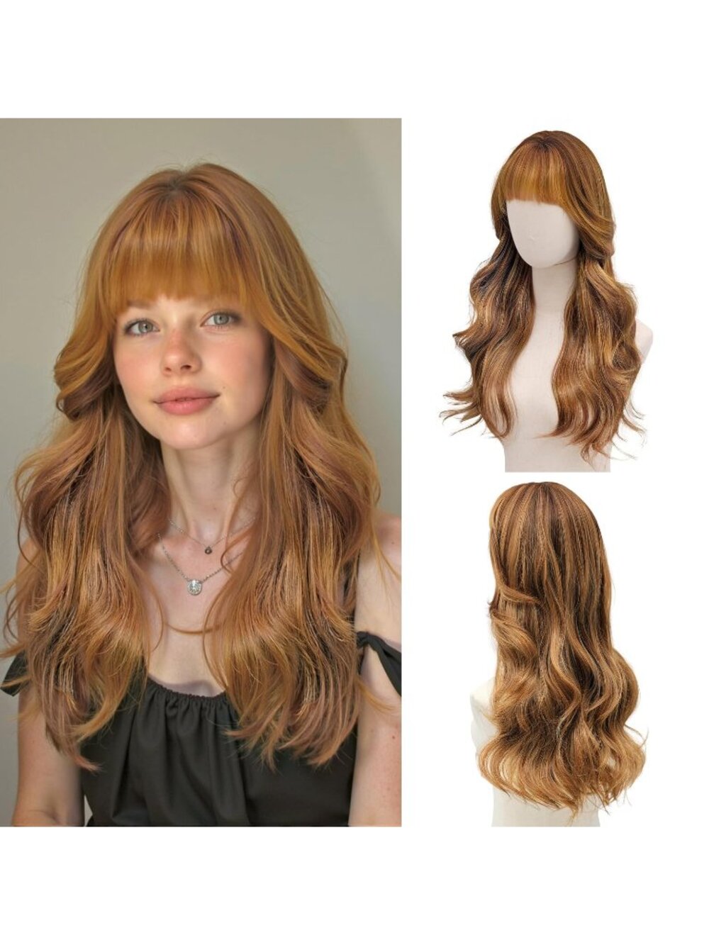 Women's Rooted Honey 24 Inch Long Wavy Heat Resistant Synthetic Hair Wig Bangs